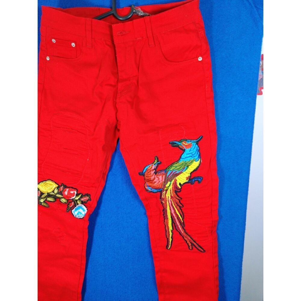 Bie Pa Paris Red Denim Jeans Women's Size 33 Embroidered Phoenix Floral Slim - Picture 12 of 15